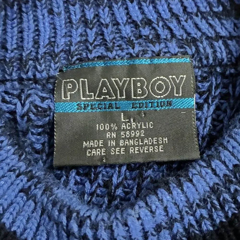 Vintage Playboy Special Edition Blue Marled Knit Mock Neck Sweater 90s Mens L